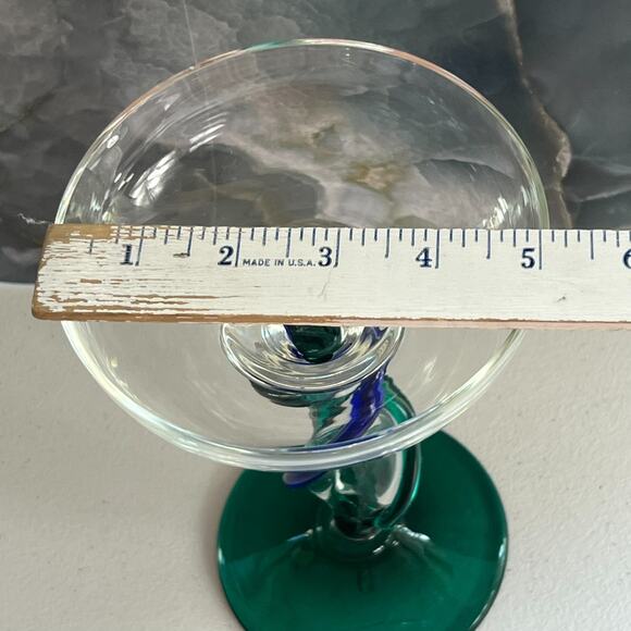 Hand Blown Margarita Glass 8" Blue & Green Twisted Stem Green Base - Picture 5 of 8